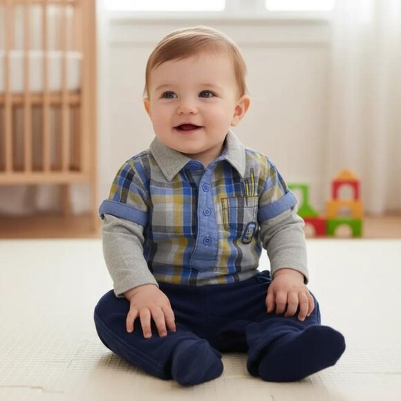Petit Lem One-Piece Genius Layered-Look Plaid Jumpsuit Romper 6 Months - Picture 1 of 12